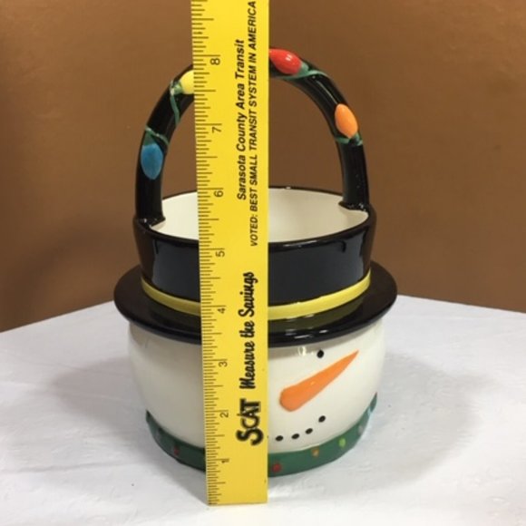 Snowman Cermaic Decorative Painted Basket Bowl w/ Handle 8"x5.5" - Picture 5 of 6